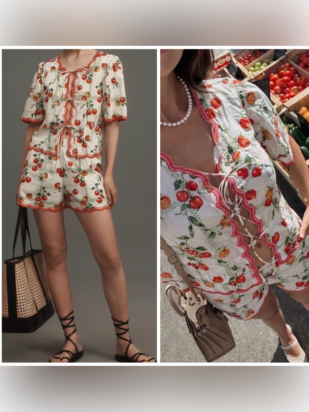 Maeve Anthropologie Veggie Bloom Scalloped Hem Tie Front Top & Shorts Set M 2pc